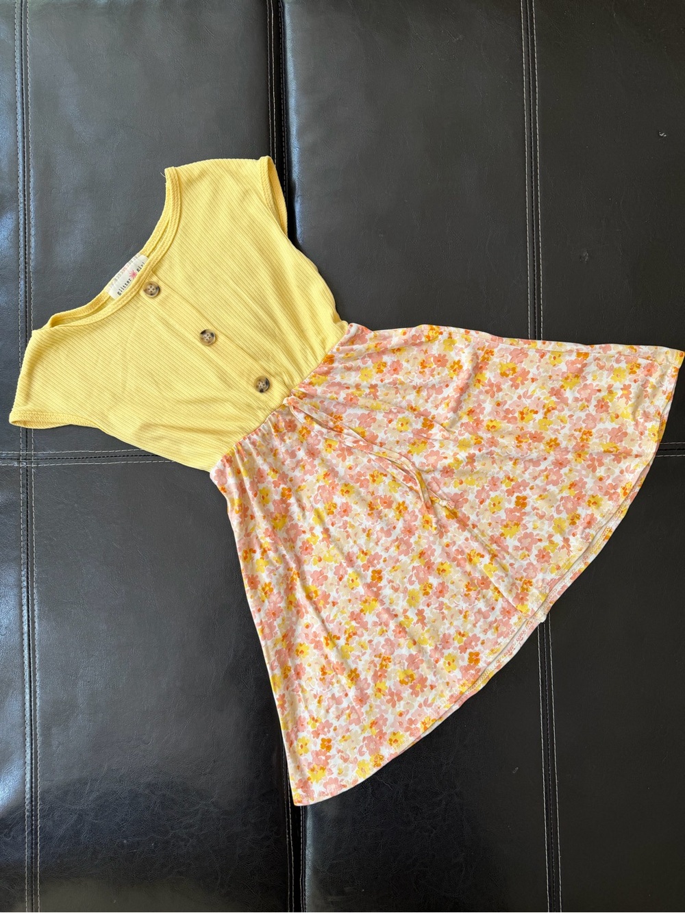 Glitter Girl - Yellow Ribbed Bodice Floral Skirt Girls' Casual Dress